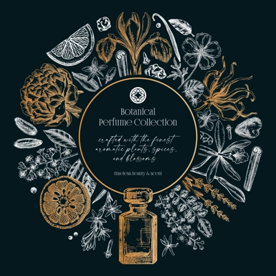 Sketch style botanical gift card template. Vintage perfume and cosmetic frame design. Hand-drawn vector illustration. Aromatic plants and flower sketches. NOT AI generated